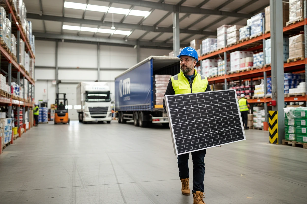 Funcionário da ITR carregando um painel solar até o caminhão.